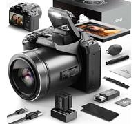 Camera QCY 64MP Digital Camera Photo Camera and Video, 5K Vlog Camera with 3 Inch Flip Screen, 16X Digital Zoom, WiFi & Auto Focus, Camera Strap & Tripod, 2 Batteries, 32GB TF Card