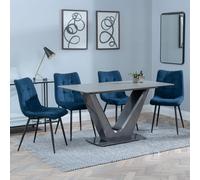 Camilla Dining Set - 4 Seater - 140cm - Grey Ceramic - 4x Corona Dining Chairs - Blue Fabric