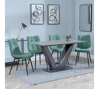 Camilla Dining Set - 4 Seater - 140cm - Grey Ceramic - 4x Corona Dining Chairs - Green Fabric