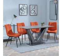 Camilla Dining Set - 4 Seater - 140cm - Grey Ceramic - 4x Corona Dining Chairs - Orange Fabric