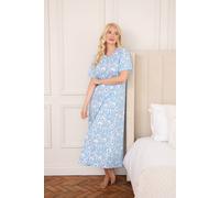Camille 100% Organic Cotton Ladies Nighties - Full Length Floral Lightweight Cotton Nightdress in Relaxed Fit Maxi Style with Short Sleeves - Light Blue White 22-24