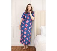 Camille 100% Organic Cotton Ladies Nighties - Full Length Floral Lightweight Cotton Nightdress in Relaxed Fit Maxi Style with Short Sleeves - Navy Orchid 14-16