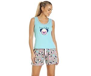Camille 100% Cotton Pug Dog & Cat Womens Pyjamas - Lightweight Pyjamas for Women with Elasticated Shorts for Your Summer Nightwear Aqua 16-18