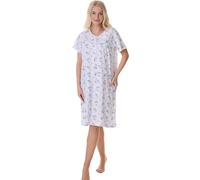Camille 100% Cotton Short Sleeved Women's Nightie | Knee Length Nightdress | Comfortable & Breathable Traditional Nighty With Buttons | Classic Nightwear with Short Sleeves | Blue 22-24