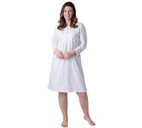 Camille 100% Organic Cotton Floral Long Sleeve Ladies Nighties - Smooth Cotton Womens Nightwear with Round Neck Button Fastening - Pretty Nighties for Women - Ivory 14-16