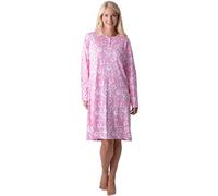 Camille 100% Organic Cotton Ladies Nighties with Long Sleeves - Lightweight Cotton Nightdress with Knee Length Relaxed Fit - Pink Floral 22-24