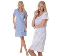 Camille 2 Pack Short Sleeved Summer Cotton Nighties - Breathable & Lightweight Nighties for Women - WHITE/BLUE - 14-16