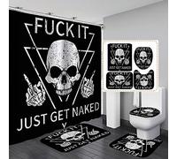 Camille&Andrew 4PCS Just Get Naked Shower Curtain Set, Black and White Gothic Skull with Middle Finger Geometric Triangle Rock and Roll Skeleton Funny Quotes Bathroom Decor, Non-slip Bath Mat, it