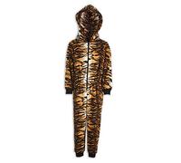 Camille Childrens Super Soft Fleece Onesie - Hooded All In One - Long Sleeved and Full Length with Elasticated Cuffs and Ankles Gold Tiger Print 6-8 Years