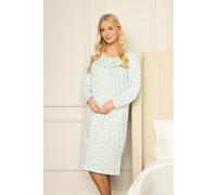 Camille Ladies Long Sleeved Nightdress- Floral Classic Smooth Womens Nightwear- Jersey Nightie with Round Neck Button Fastening Mint 22-24