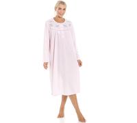 Camille Ladies Long Sleeved Nightdress - Smooth Womens Nightwear - Nightie with Embroidery & Piping Across The Chest and Neck Button Fastening Pink 14-16