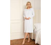 Camille Ladies Long Sleeved Nightdress - Smooth Womens Nightwear - Nightie with Embroidery & Piping Across The Chest and Neck Button Fastening Blue 14-16