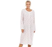 Camille Ladies Long Sleeved Nightdress - Rose Print Womens Nightwear - Nightie with Round Neck Button Fastening Pink 22-24
