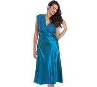 Camille Womens Luxury Satin Long Chemise - Ladies Sleeveless Lightweight Lace Nightdress - Comfortable & Breathable Summer Nightwear Teal 10-12
