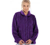 Camille Womens Supersoft Fleece Bed Jacket - Diamond Print Luxury Collared Warm Sleep Top - Button up & Long Sleeved Purple 18-20