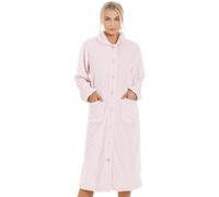 Camille Women's Super Soft Fleece Housecoat -Diamond Print Button Up Bathrobe - Long Sleeved and Side Pockets for Ultimate Comfort & Warmth Pink 10-12