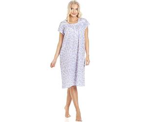 Camille Floral Short-Sleeved Polycotton Ladies Nightdress - Lightweight Breathable Nighties for Women - Soft Comfortable Sleepwear with Front Button Fastening 14-16 Blue