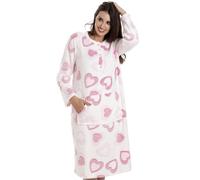 Camille Women's Super Soft Fleece Lounger- Pink and White Heart Button Bathrobe - Long Sleeved and Centre Front Pocket for Ultimate Comfort & Warmth 14-16