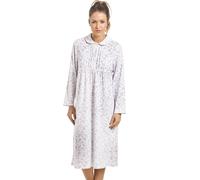 Camille Ladies Long Sleeved Nightdress- Heavyweight Floral Womens Nightwear - Cotton Nightie Neck Button Fastening Light Grey 10-12
