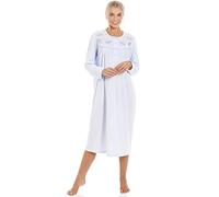 Camille Ladies Long Sleeved Nightdress | Below Knee Length | Neck Button Fastening Nightie with Embroidery | Traditional Nighty Design Fleece | Classic Nightwear | Blue 14-16