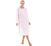 Camille Ladies Long Sleeved Nightdress - Smooth Womens Nightwear - Nightie with Embroidery & Piping Across The Chest and Neck Button Fastening Pink 14-16