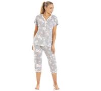 Camille Lightweight Floral Capri Womens Pyjamas - Short Sleeve Polycotton Ladies PJs with Elasticated Waist - Comfortable & Breathable Pyjamas for Women Grey 10-12