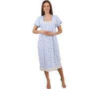 Camille Lightweight 100% Cotton Ladies Nightdress - Short Sleeve Floral Nighties for Women - Lace Accents, Square Neck & Button Fastening Summer Womens Nightwear Aqua 18-20