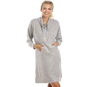 Camille Women's Super Soft Lounger - Knitted Hacci Knee Length Nightie - Cowl Neck Long Sleeved & Front Pocket Medium Grey