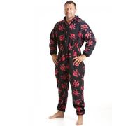 Camille Mens Super Soft Fleece Onesie - Hooded All in One - Long Sleeved and Side Pockets for Ultimate Comfort & Warmth Black and Red Skull Large