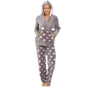Camille Women's 2 Piece Super Soft Pyjama Set - Multicoloured Heart Print Fleece Full Length PJ Set -Long Sleeved with Elasticated Waist Grey 18-20