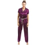 Camille Short Sleeve Belted Satin Pyjama Set In Plum Plum 16