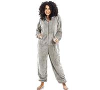 Camille Super Soft Zip-Up Hooded Women's Onesie | Thick Fleece Full-Length Women's All In One Lounge Suit | Long Sleeves, Cosy Hood, Pockets & Warm Material | Grey 14-16