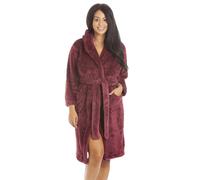 Camille Women's Super Soft Dressing Gown - Luxury Fleece Hooded Bathrobe - Long Sleeved, Belt Fastening & Front Pockets - Burgundy 12-14