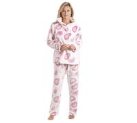 Camille Women's 2 Piece Super Soft Pyjama Set - Heart Print Full Length Thick Fleece PJ Set -Long Sleeved with Elasticated Waist for Ultimate Comfort & Warmth Pink 14-16