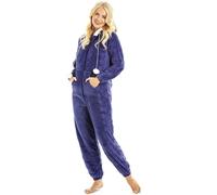 Camille Super Soft Zip Up Hooded Onesies for Women - Thick Luxury Fleece Full Length Women's All In One - Long Sleeved with Elasticated Cuffs & Sherpa Lined Hood Navy 18-20