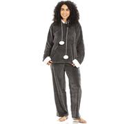 Camille Women's 2 Piece Super Soft Pyjama Set - Thick Luxury Fleece Full Length PJ Set -Long Sleeved with Elasticated Waist & Sherpa Lined Hood Charcoal 18-20