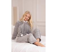 Camille Women's 2 Piece Super Soft Pyjama Set - Thick Luxury Fleece Full Length PJ Set -Long Sleeved with Elasticated Waist & Sherpa Lined Hood Grey 14-16