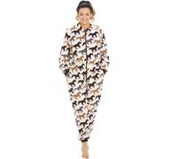 Camille Womens Super Soft Fleece Hooded Various Print All In One Onesies 14-16 Cream Horse