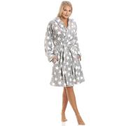 Camille Women's Super Soft Fleece Hooded Dressing Gown - White Star Knee Length Bathrobe - Long Sleeved, Belt Fastening and Side Pockets Grey 14-16