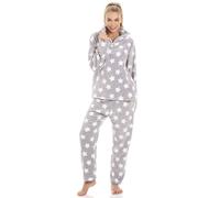 Camille Womens 2 Piece Super Soft Pyjama Set - Grey & White Star Print Thick Fleece Full Length PJ Set - Long Sleeves & Elasticated Waist for Ultimate Comfort and Warmth 18-20