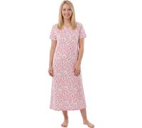 Camille 100% Organic Cotton Ladies Nighties - Full Length Floral Cotton Nightdress in Relaxed Fit Maxi Style with Short Sleeves - PINK/WHT FL 10-12