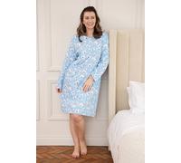 Camille 100% Organic Cotton Ladies Nighties with Long Sleeves - Lightweight Cotton Nightdress with Knee Length Relaxed Fit - Light Blue Floral 18-20