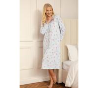 Camille Long-Sleeved 100% Cotton Nighties for Women - Soft Floral Print Nightdress with Button Fastening - Elegant Round Neck Ladies Nightwear 18-20 Blue