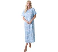 Camille 100% Organic Cotton Ladies Nighties - Full Length Floral Cotton Nightdress in Relaxed Fit Maxi Style with Short Sleeves - Light Blue White 10-12