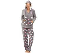 Camille Women's 2 Piece Super Soft Pyjama Set - Multicoloured Heart Print Fleece Full Length PJ Set -Long Sleeved with Elasticated Waist Grey 10-12