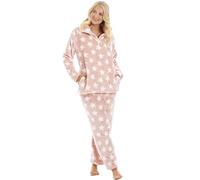 Camille Womens 2-Piece Super Soft Pyjama Set | Warm, Thick Fleece Full Length PJ Set, Top & Bottoms | Long Sleeves & Elastic Waist | Luxury Feel Comfy, Fluffy Loungewear for Women | Pink & White 18-20