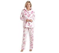 Camille Women's 2 Piece Super Soft Pyjama Set - Heart Print Full Length Thick Fleece PJ Set -Long Sleeved with Elasticated Waist for Ultimate Comfort & Warmth Pink 18-20