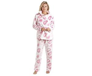 Camille Womens 2-Piece Super Soft Pyjamas - Glitter Heart Print | Warm, Thick Fleece Full Length PJs, Top & Bottoms | Long Sleeves, Pocket & Elastic Waist | Loungewear for Women | Pink 14-16