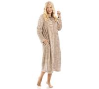 Camille Womens Calf-Length Fleece Zipped Housecoat | Soft & Fluffy Dressing Gown | Long Sleeves, Easy Zip Close, Turn-Over Collar & Pockets | Warm & Comfy | Beige Zebra 18-20