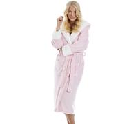 Camille Women's Fleece Hooded Dressing Gown | Calf-Length, Deep Pile Luxury Sherpa Lined Hooded Bathrobe | Fluffy & Super Soft | Long Sleeves, Belt Fastening & Front Pockets | Pink 14-16